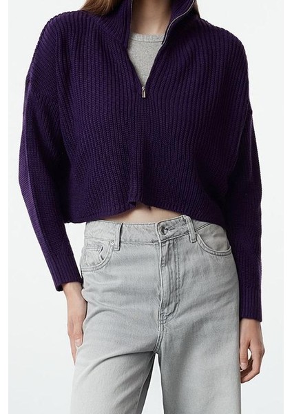 Kadın Moda Şık Dik Yaka Standart Kol Crop Süper Fermuarlı Triko Kazak