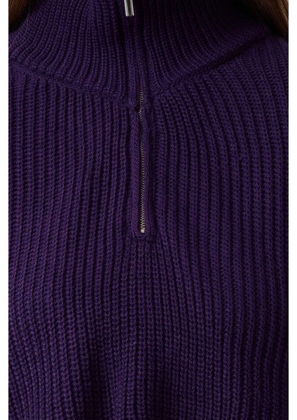Kadın Moda Şık Dik Yaka Standart Kol Crop Süper Fermuarlı Triko Kazak