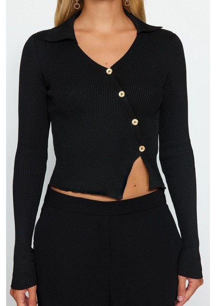 Kadın Moda Şık Polo Yaka Standart Kol Crop Triko Kazak