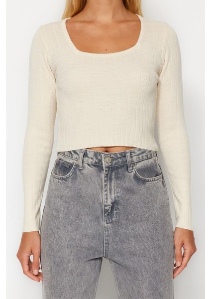 Kadın Moda Şık Kare Yaka Standart Kol Crop Triko Kazak