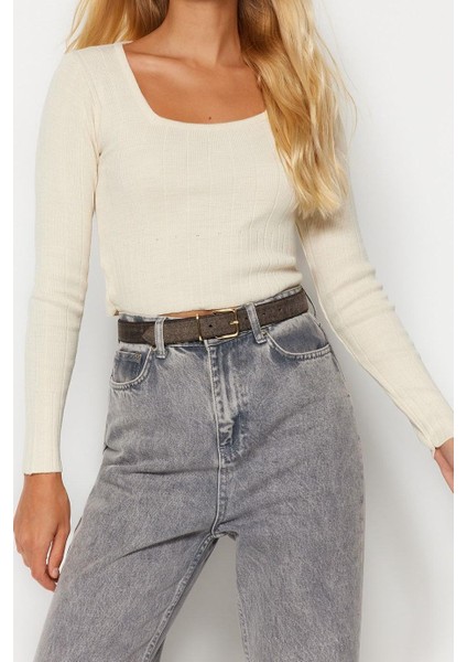 Kadın Moda Şık Kare Yaka Standart Kol Crop Triko Kazak