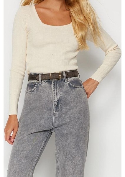 Kadın Moda Şık Kare Yaka Standart Kol Crop Triko Kazak