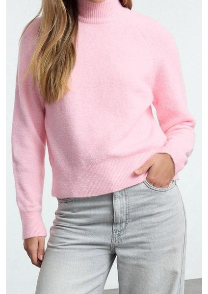Kadın Moda Şık Dik Yaka Reglan Kol Regular Yünlü Triko Kazak