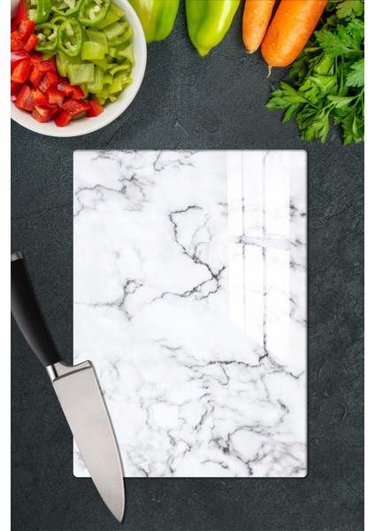 Cam Kesim Panosu 20x30, Beyaz Mermer Tasarım, Dayanıklı ve Şık Kullanım