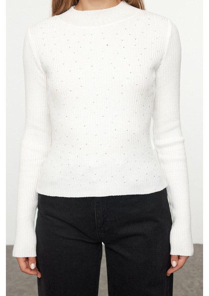 Kadın Moda Şık Dik Yaka Standart Kol Regular Balıkçı Yaka Taş Detaylı Triko Kazak