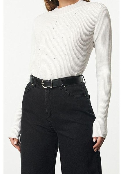 Kadın Moda Şık Dik Yaka Standart Kol Regular Balıkçı Yaka Taş Detaylı Triko Kazak modelleri