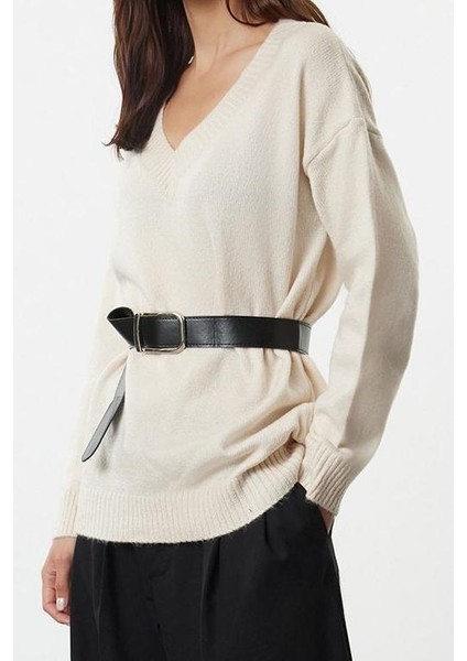 Kadın Moda Şık V Yaka Standart Kol Uzun Geniş Kalıp Kemerli Yumuşak Dokulu Triko Kazak fiyatları