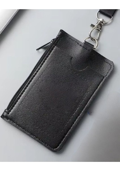 Leather Dikey Siyah Kart Kılıfı Yaka Kartı Koruyucu Fermuarlı