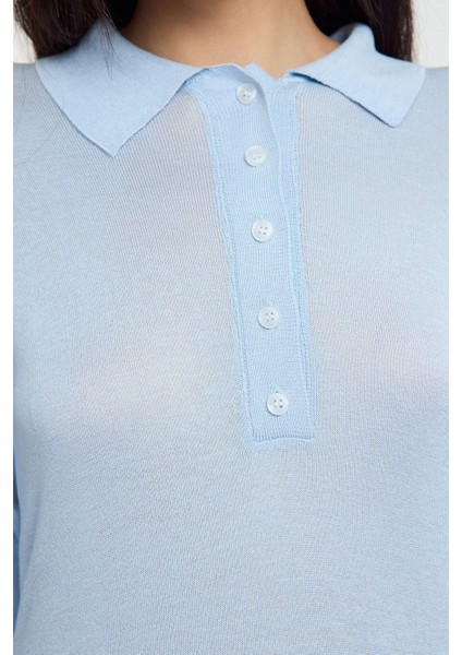Kadın Moda Şık Polo Yaka Standart Kol Regular Ince Triko Kazak