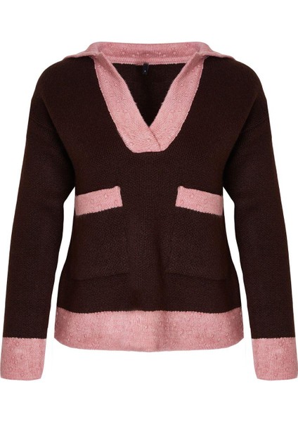 Kadın Moda Şık Polo Yaka Standart Kol Regular Yumuşak Dokulu Renk Bloklu Triko Kazak