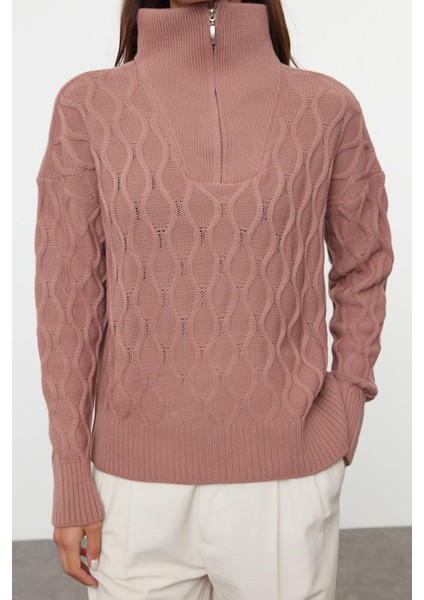 Kadın Moda Şık Polo Yaka Standart Kol Regular Geniş Kalıp Saç Örgülü Dik Yaka Triko Kazak