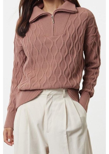 Kadın Moda Şık Polo Yaka Standart Kol Regular Geniş Kalıp Saç Örgülü Dik Yaka Triko Kazak fiyatları