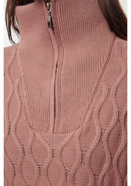 Kadın Moda Şık Polo Yaka Standart Kol Regular Geniş Kalıp Saç Örgülü Dik Yaka Triko Kazak fırsatları