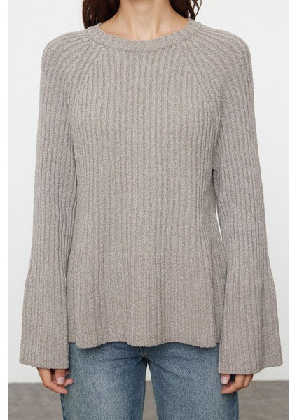 Kadın Moda Şık Bisiklet Yaka Standart Kol Regular Geniş Kalıp Peplum Detaylı Triko Kazak