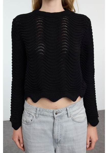 Kadın Moda Şık Bisiklet Yaka Standart Kol Regular Crop Ajurlu Delikli Triko Kazak