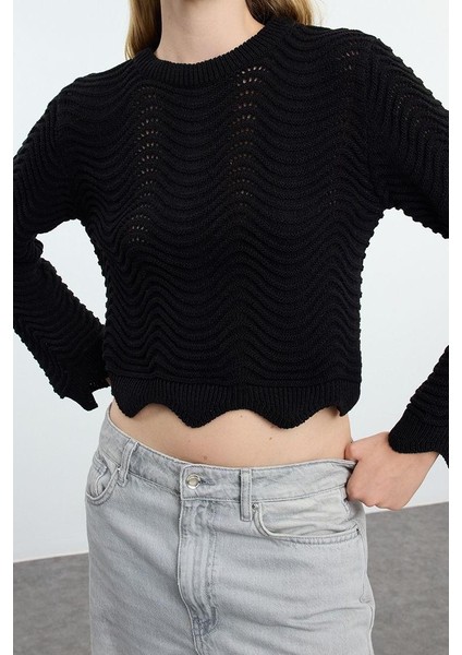 Kadın Moda Şık Bisiklet Yaka Standart Kol Regular Crop Ajurlu Delikli Triko Kazak