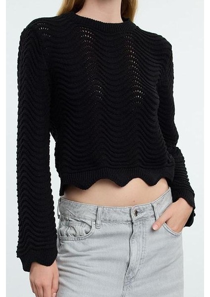 Kadın Moda Şık Bisiklet Yaka Standart Kol Regular Crop Ajurlu Delikli Triko Kazak