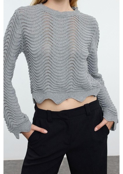 Kadın Moda Şık Bisiklet Yaka Standart Kol Regular Crop Ajurlu Delikli Triko Kazak