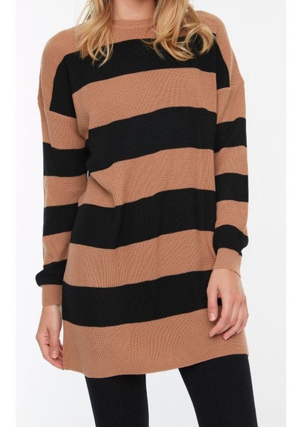 Kadın Midi Düşük Kol Bisiklet Yaka Tesettür Kahverengi Çizgili Triko Kazak
