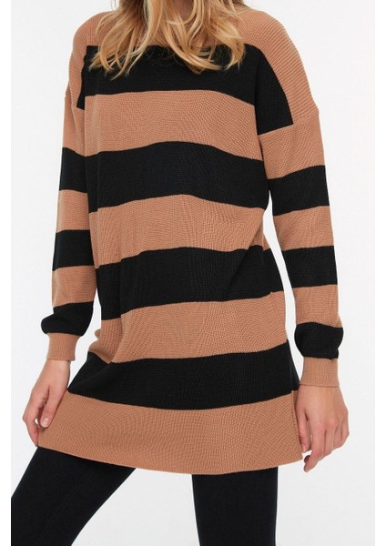 Kadın Midi Düşük Kol Bisiklet Yaka Tesettür Kahverengi Çizgili Triko Kazak fiyatları