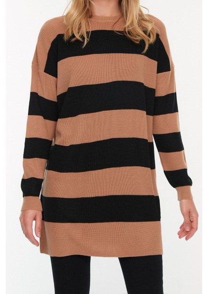 Kadın Midi Düşük Kol Bisiklet Yaka Tesettür Kahverengi Çizgili Triko Kazak modelleri