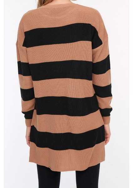 Kadın Midi Düşük Kol Bisiklet Yaka Tesettür Kahverengi Çizgili Triko Kazak fırsatları