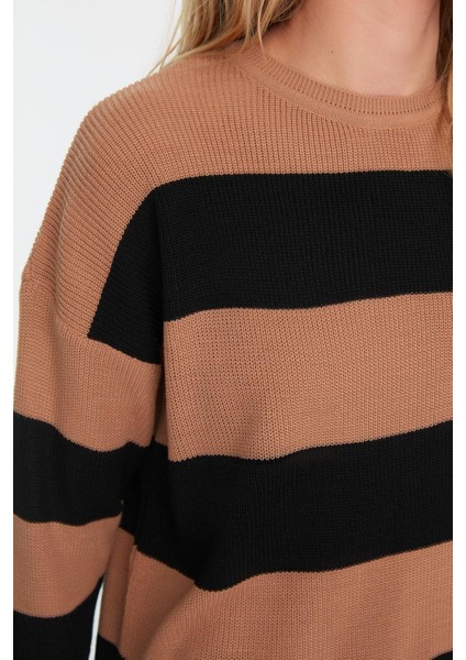 Kadın Midi Düşük Kol Bisiklet Yaka Tesettür Kahverengi Çizgili Triko Kazak indirimleri