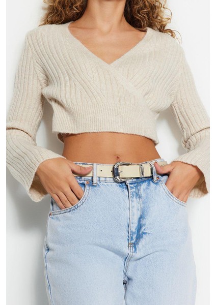 Kadın Moda Şık Kruvaze Standart Kol Crop Yumuşak Dokulu Triko Kazak