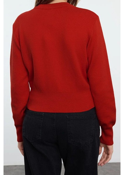 Kadın Moda Şık Bisiklet Yaka Standart Kol Crop Özel Iplik Gül Düğme Ceket Görünümlü Triko Hırka