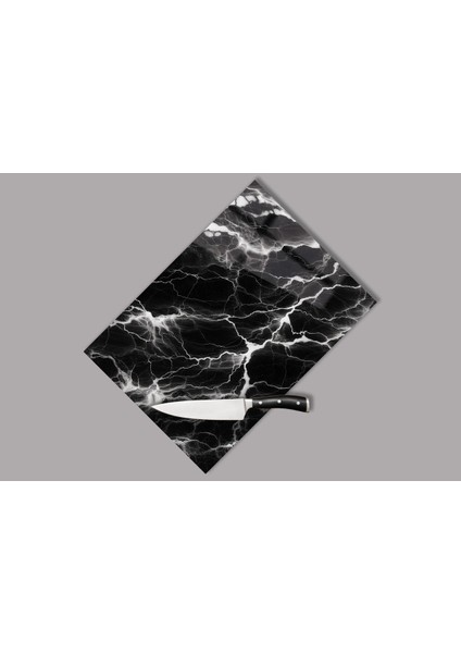 Siyah Beyaz Mermer Desenli Cam Kesme Tahtası 35x25 cm