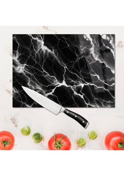 Siyah Beyaz Mermer Desenli Cam Kesme Tahtası 35x25 cm modelleri