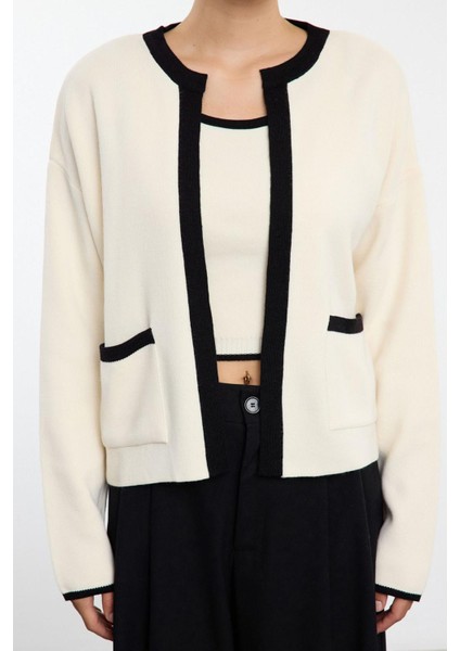 Kadın Moda Şık Bisiklet Yaka Standart Kol Regular Renk Bloklu Triko Bluz-Hırka Takım