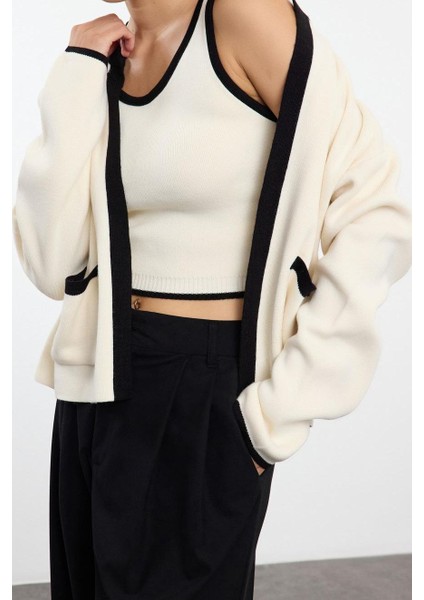 Kadın Moda Şık Bisiklet Yaka Standart Kol Regular Renk Bloklu Triko Bluz-Hırka Takım fiyatları