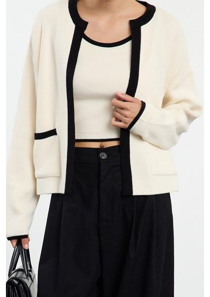 Kadın Moda Şık Bisiklet Yaka Standart Kol Regular Renk Bloklu Triko Bluz-Hırka Takım modelleri