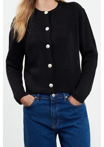 Kadın Moda Şık Bisiklet Yaka Standart Kol Regular Basic Ceket Görünümlü Triko Hırka