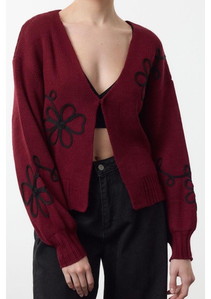 Stil Modern Kadın Regular Standart Kol V Yaka Nakış Detaylı Triko Hırka