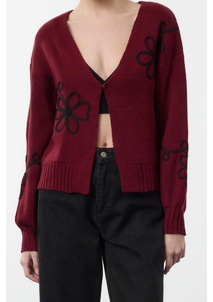 Stil Modern Kadın Regular Standart Kol V Yaka Nakış Detaylı Triko Hırka fiyatları