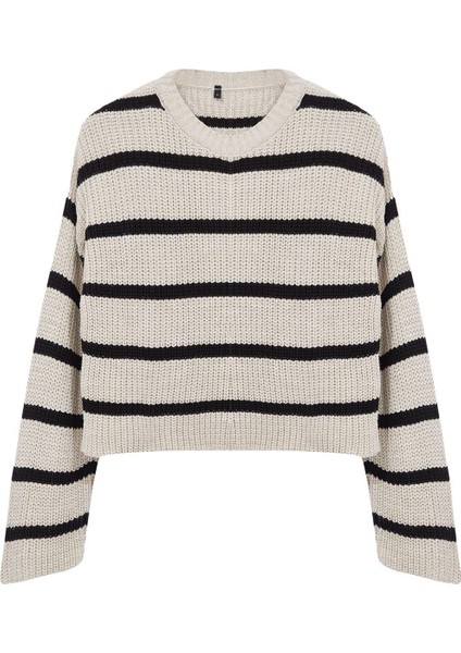 Stil Modern Kadın Crop Düşük Kol Bisiklet Yaka Basic Çizgili Triko Kazak modelleri