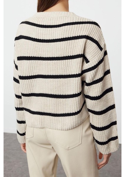 Stil Modern Kadın Crop Düşük Kol Bisiklet Yaka Basic Çizgili Triko Kazak fırsatları