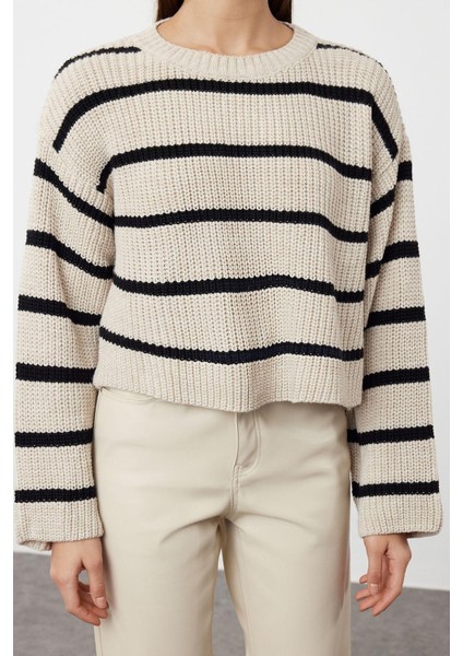 Stil Modern Kadın Crop Düşük Kol Bisiklet Yaka Basic Çizgili Triko Kazak indirimleri