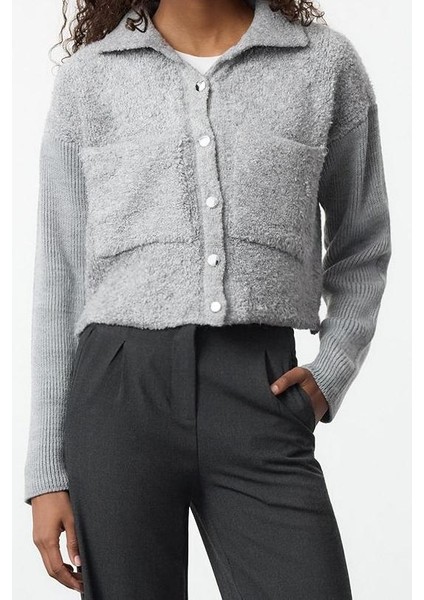 Kadın Moda Şık Polo Yaka Standart Kol Regular Oversize Geniş Kalıp Buklet Mont Görünümlü Triko Hırka