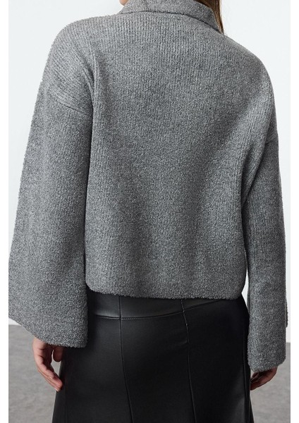 Kadın Moda Şık Polo Yaka Standart Kol Regular Buklet Mont Görünümlü Triko Hırka