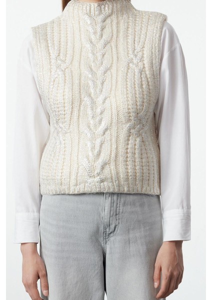 Kadın Moda Şık Dik Yaka Standart Kol Regular Varak Baskılı Triko Süveter