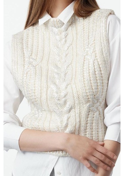 Kadın Moda Şık Dik Yaka Standart Kol Regular Varak Baskılı Triko Süveter fiyatları