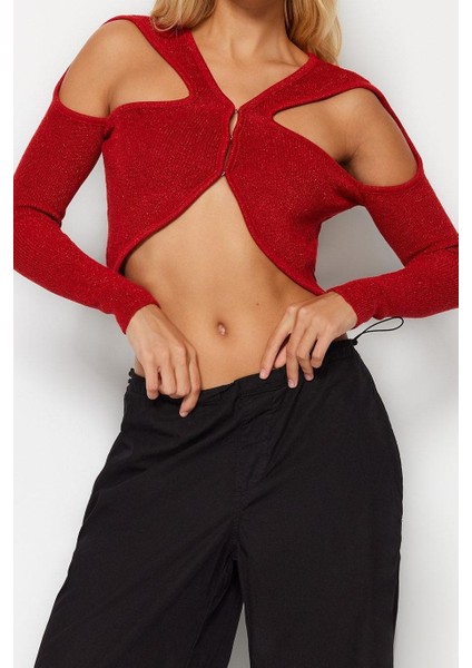 Stil Modern Kadın Crop Standart Kol V Yaka Simli Cut Out Pencere Detaylı Triko Kazak