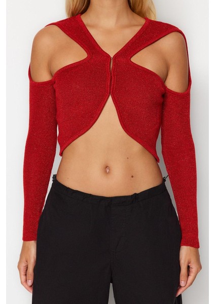 Stil Modern Kadın Crop Standart Kol V Yaka Simli Cut Out Pencere Detaylı Triko Kazak