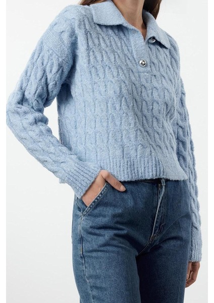 Stil Modern Kadın Regular Standart Kol Polo Yaka Yumuşak Dokulu Simli Triko Kazak