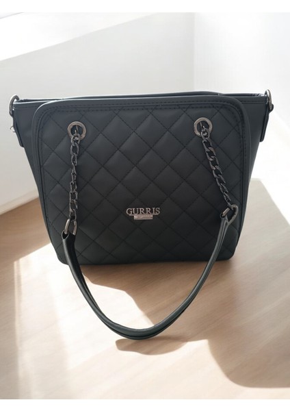 Siyah - Kapitone Zincirli Omuz Askısı , Çapraz Çanta Ayarlanabilir Askılı Çanta