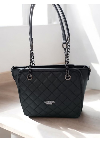 Siyah - Kapitone Zincirli Omuz Askısı , Çapraz Çanta Ayarlanabilir Askılı Çanta modelleri