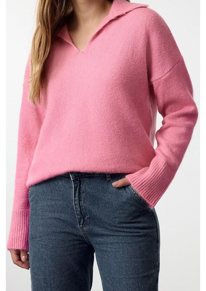 Stil Modern Kadın Regular Düşük Kol Polo Yaka Yünlü Geniş Kalıp Basic Triko Kazak